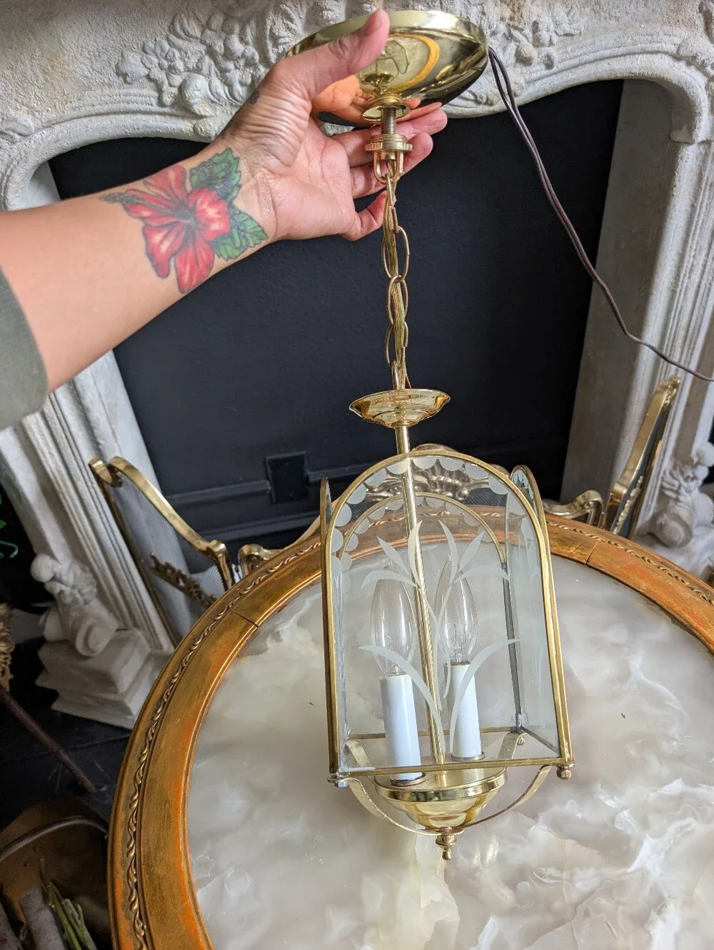 Vintage 1960s Polished Gold Metal Clear Etched Glass Chandelier Pendant Light La